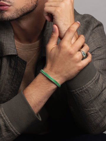 Nialaya Men's Bracelet Men's Green Woven 8 mm Box Chain Bracelet in Silver Men's Green Woven 8 mm Box Chain Bracelet in Silver